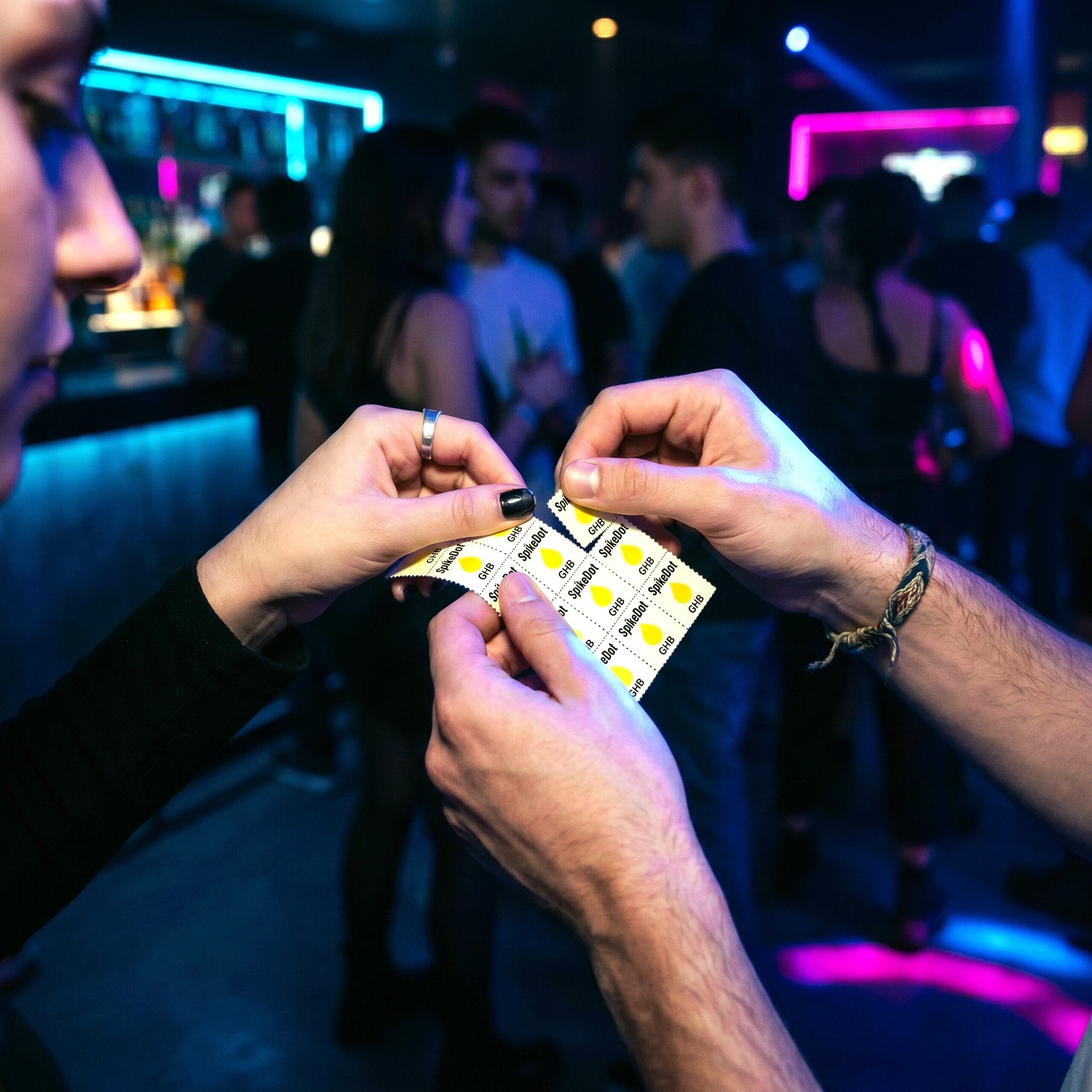 Sharing SpikeDot drink test stickers like stamps with friends